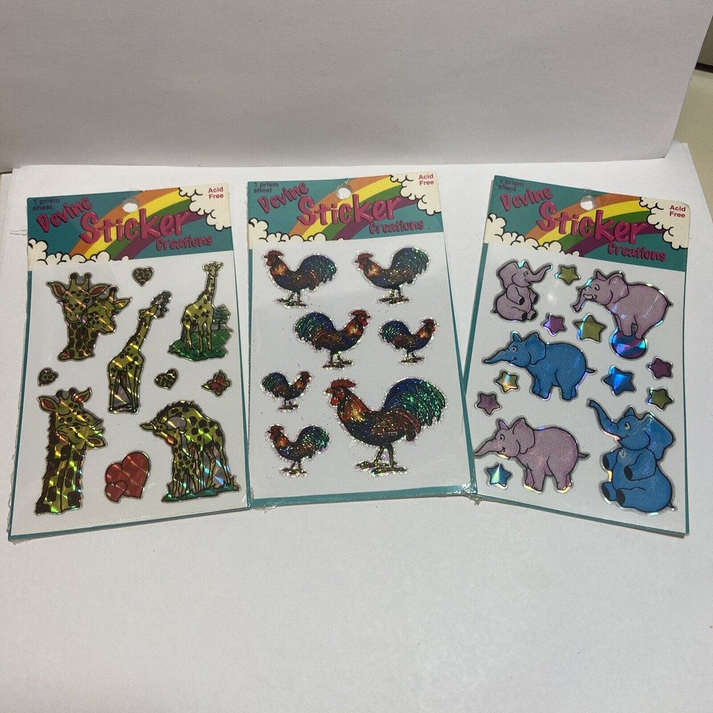 Lot Of 3 NEW SEALED 80s Devine Prism Stickers - Elephants, Giraffes, Roosters